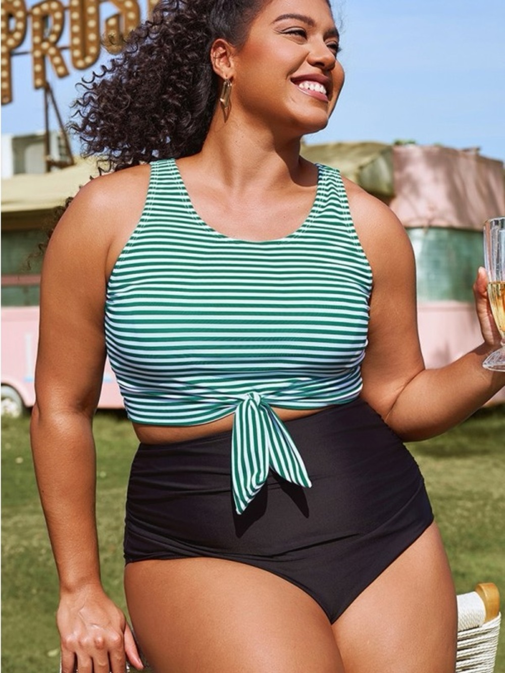 Meet.Curve Plus Size Green & White Striped Knotted Bikini Top XL